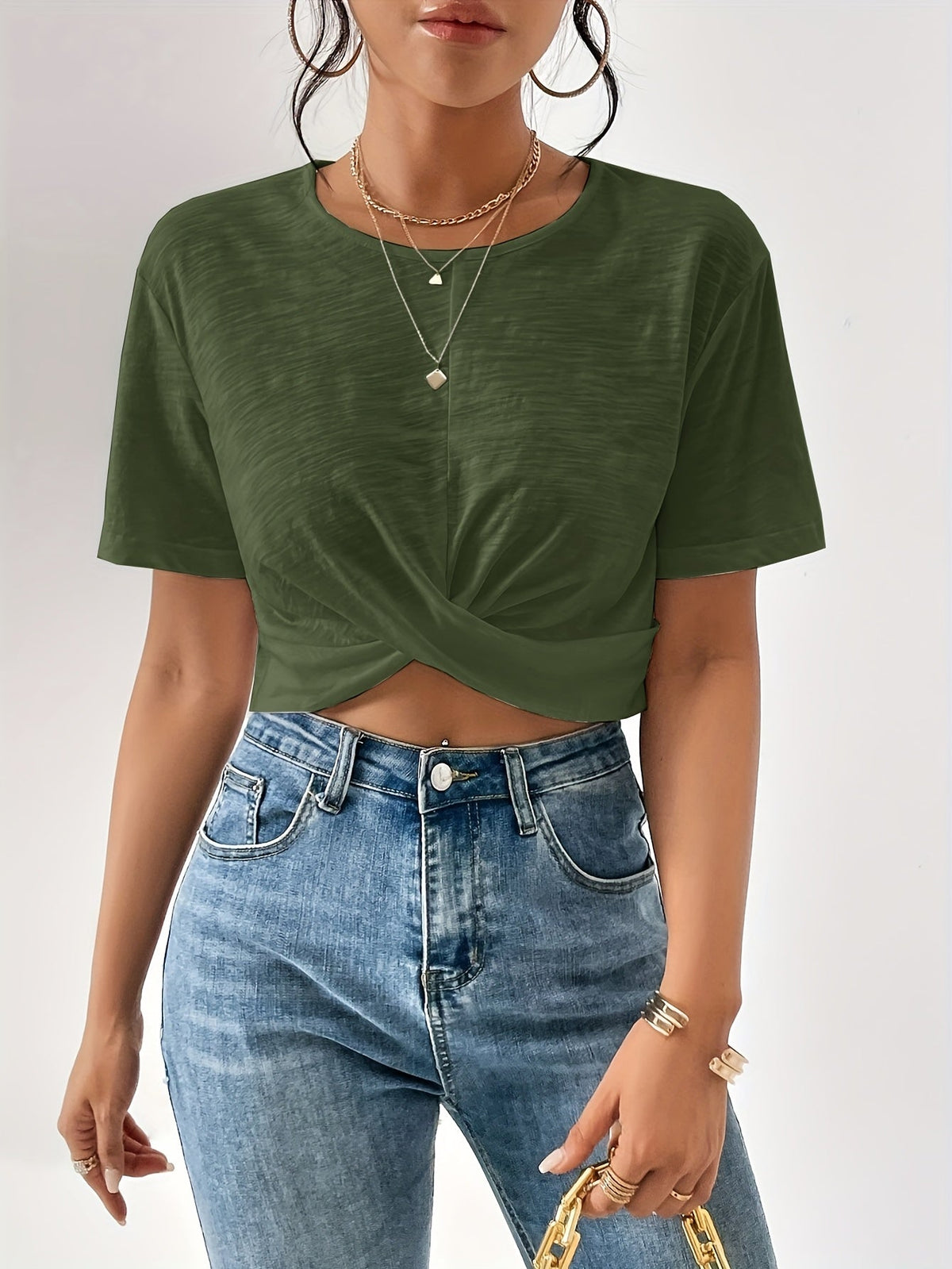 Women's Twist Front Crop Top Short Sleeve T-Shirt Solid Color Casual Summer Tops Cute Streetwear XS-XXL 8 Colors