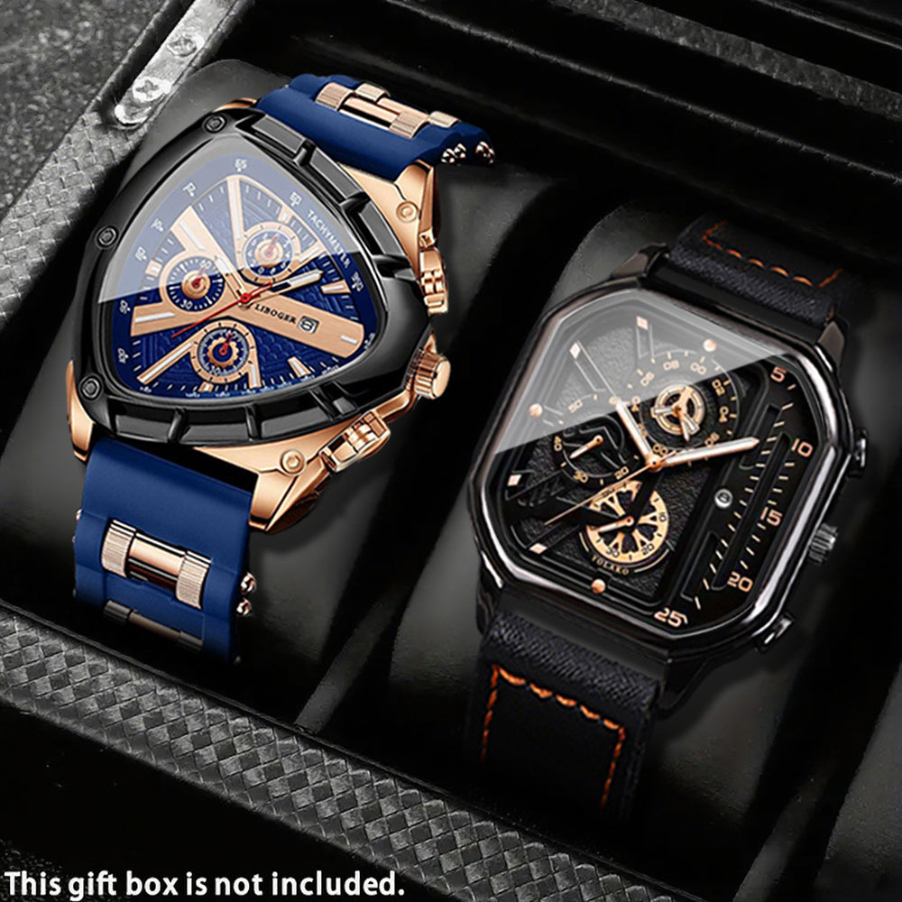 2pcs Men's Watch Set Sports Triangle Dial Silicone Strap and Retro Square Dial Quartz Watches with Date Display Dress Watch for Casual Valentine's Father's Day Gift