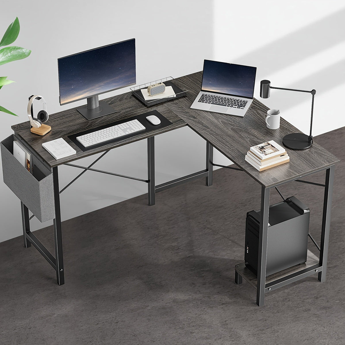 L Shaped Computer Desk with Storage Bag & Shelves – Reversible Corner Office Table, PC Laptop Workstation for Home Office, Study Room, Space-Saving Writing Desk