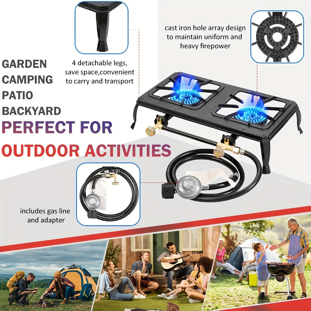 2-Burner Propane Camping Stove High BTU Outdoor Gas Cooker – CSA Listed, Regulator & Hose Included, Dishcloth Included – Ideal for Camping, Garden, BBQ, Gatherings & Outdoor Parties