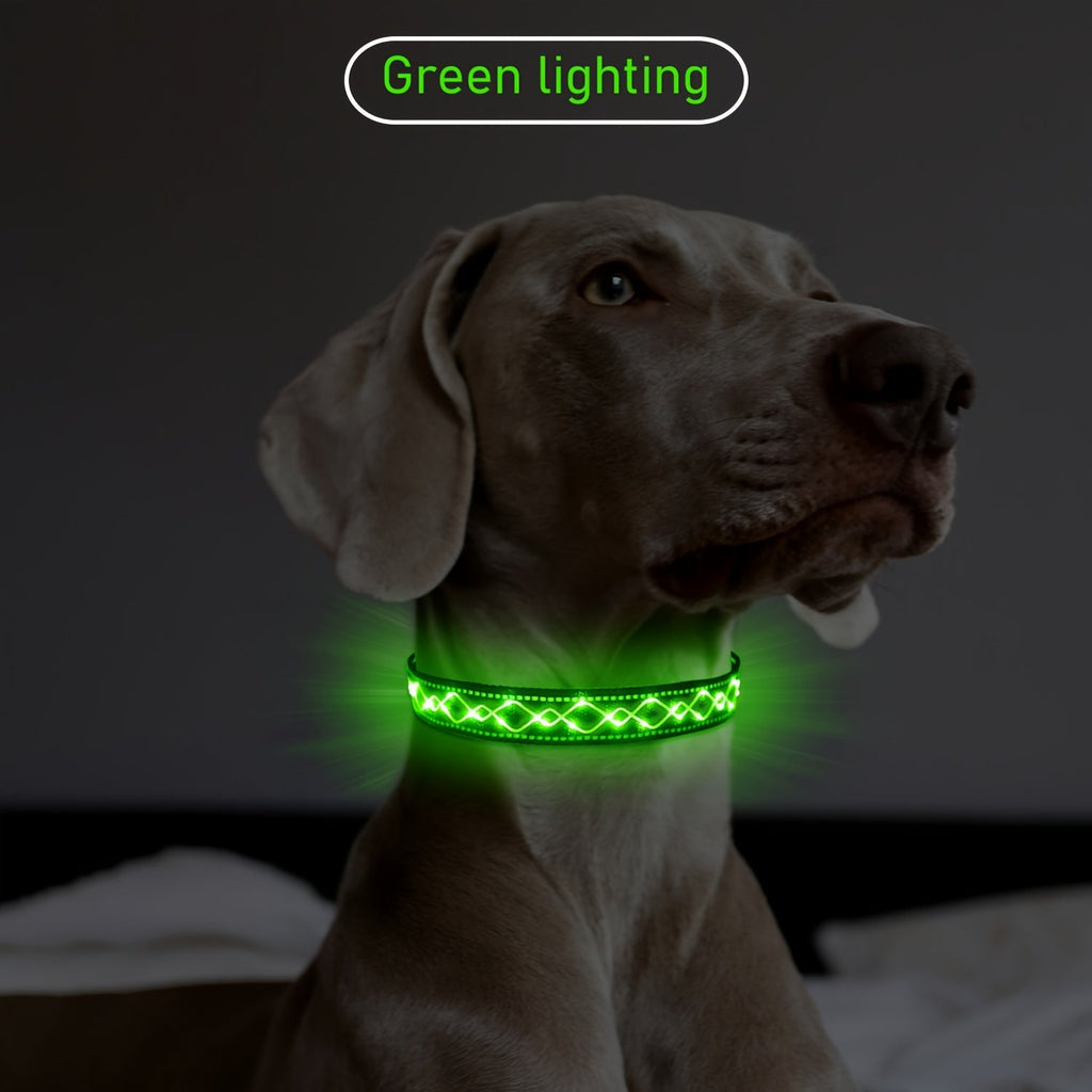USB Rechargeable LED Embroidery Dog Collar for Night Safety – Glowing Decorative Light-Up Pet Collar with Adjustable Fit for Small Medium Large Dogs, 4 Colors, Sizes S M L