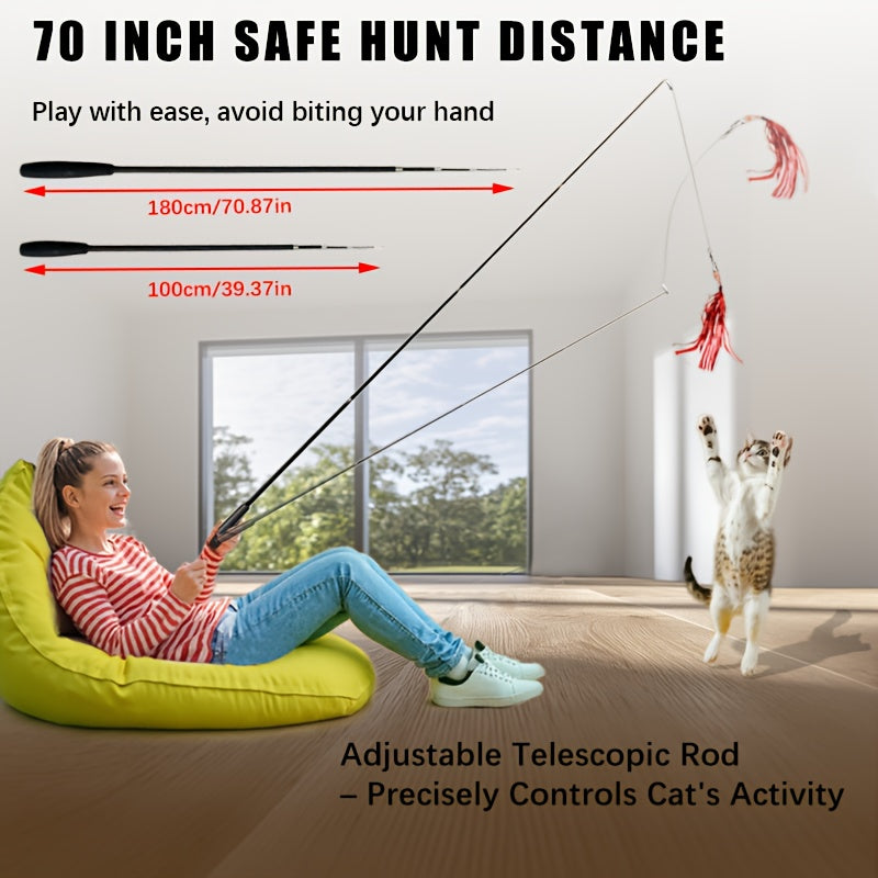 Retractable Cat Teaser Wand 1M Telescopic Stick with Feathers, Bells & Glitter Ribbon Refills – Durable Chew-Resistant Interactive Cat Toy for Indoor Kittens, Interchangeable Heads, Fun Wand Play