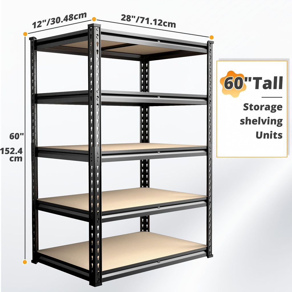 Heavy Duty 5-Tier Metal Garage Shelving Unit 2000 LBS – Adjustable Steel Storage Shelf Rack 60–72 Inch for Garage, Basement, Pantry, Kitchen & Warehouse, Tool-Free Assembly, Black