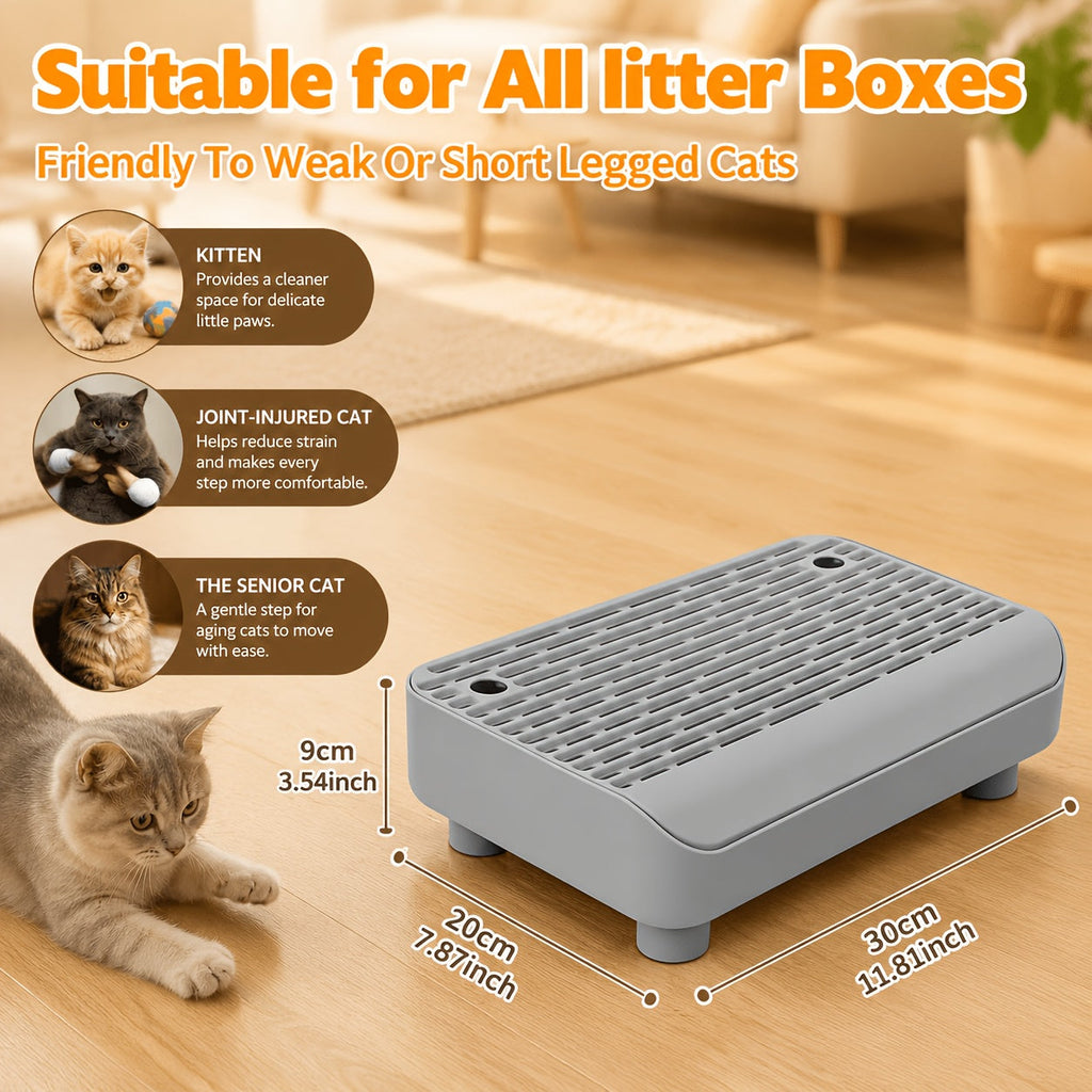 Double-Layer Cat Litter Trapping Mat with Step & Detachable Legs – Non-Slip Leakproof Filter Design, Easy to Clean, Fits Most Litter Boxes, Light Gray