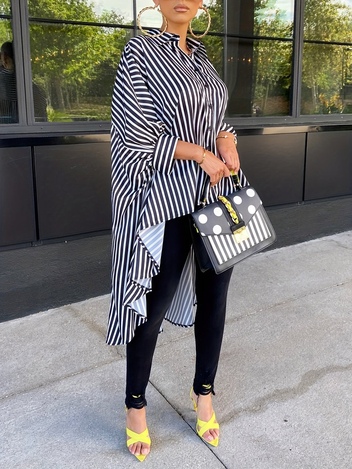 Women's Casual Striped Print Shirt Front Short Back Long Hem Long Sleeve Lapel Blouse 100% Polyester S M L XL XXL Red Black White