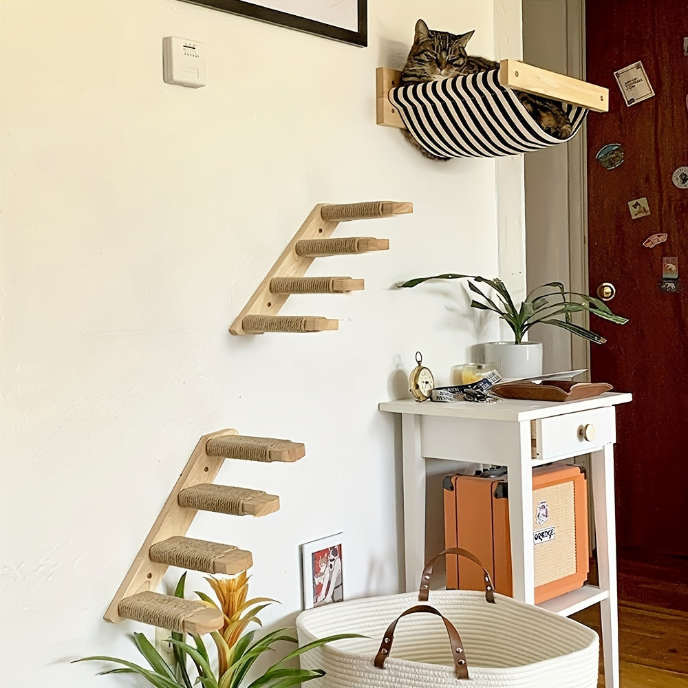Wall-Mounted Wooden Cat Tree with Sisal Rope Cat Ladder Indoor Cat Furniture Space-Saving Cat Climbing Shelf Activity Center for Indoor Cats