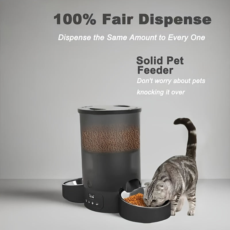 Automatic Cat Feeder 3L Dual Bowl – 102.5oz Timed & Portion-Controlled Pet Food Dispenser for Cats & Dogs, 1-6 Meals Per Day, Anti-Clog Push-Button, Battery Operated, Black