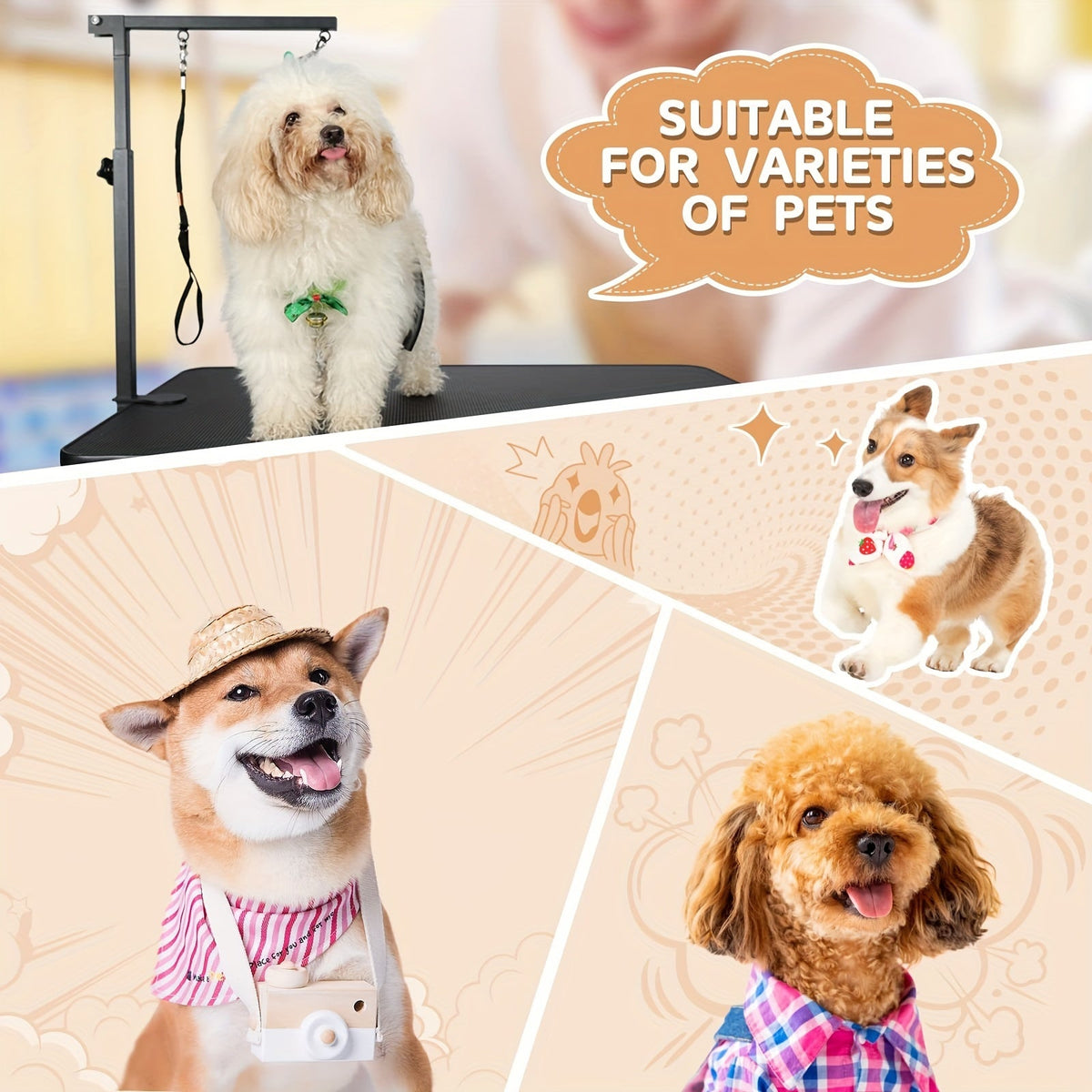 Dog Grooming Arm with Clamp Adjustable Foldable - 2-in-1 Haunch Holder & Loop Noose for Grooming Table, Height 20-33 Inches, Portable Pet Grooming Restraint Arm for Small Dogs & Puppies, Table Not Included