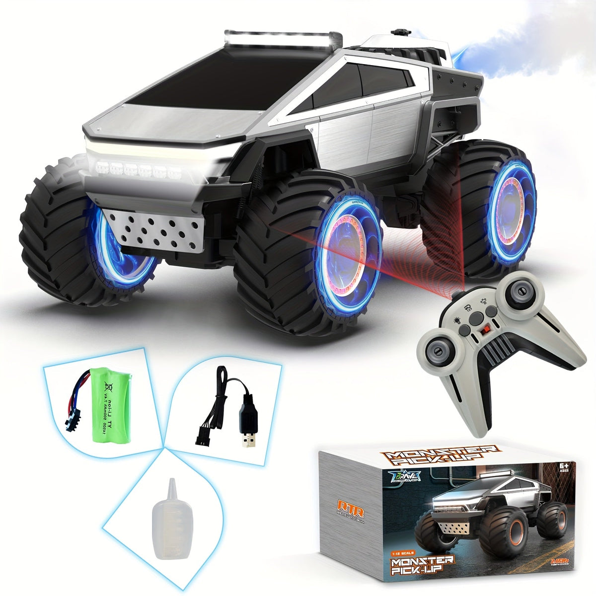 RC Monster Truck Toy 1:12 Scale 2.4GHz 4WD All Terrain Remote Control Car with LED Lights Realistic Sound Effects Ergonomic Grip Off-Road Vehicle for Kids Adults