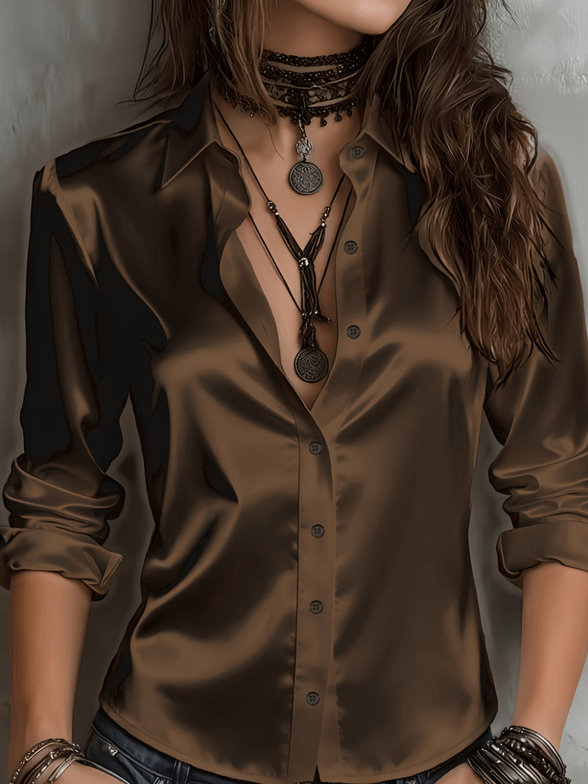 Women's Satin Shirt Elegant Commuter Blouse All Season Temperament Button-Down Top Silky Smooth Office Work Casual Wear S M L XL XXL