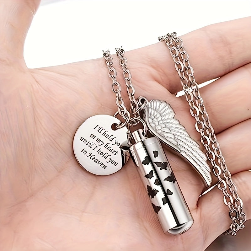 Cylinder Urn Necklace for Ashes - Stainless Steel Butterfly & Angel Wing Memorial Keepsake Pendant for Pet & Human Loss, Cremation Jewelry for Women Men & Loved Ones (Silvery)