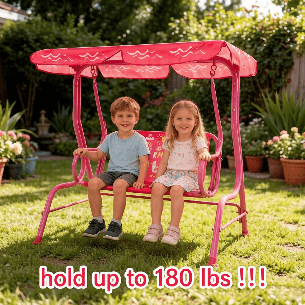 2-Seater Kids Outdoor Patio Swing Chair with Adjustable Sun Canopy Safety Belts Metal Stand Porch Swing Bench for Backyard Garden Balcony Ages 3+ 180 lbs Capacity