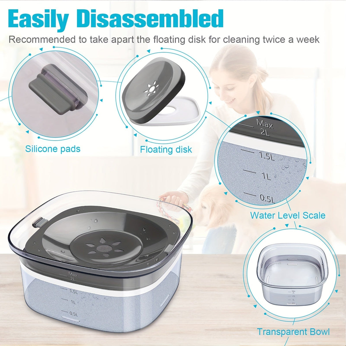 Dog Water Bowl 2L No-Spill Large Capacity – Slow Water Feeder with Transparent Design & Anti-Spill Floating Disk, Spill-Proof Pet Water Dispenser for Dogs and Cats, Easy to Clean Travel Bowl