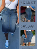 Women's Vintage High-Waisted Denim Midi Skirt – Stretch Raw Hem Distressed Look, Machine Washable, Non-Transparent, Sea Blue, Sizes XS-XXL, Casual Spring Summer Fall Skirt