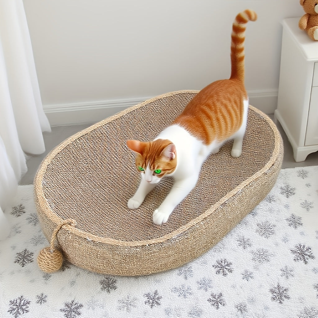 Large Oval Sisal Cat Scratching Board & Lounge Bed – 23.6 Inch Durable Scratch Pad with Sisal Toy Ball, No Assembly Needed, All-Season Cat Scratcher Mat for Indoor Cats to Play Sleep and Rest