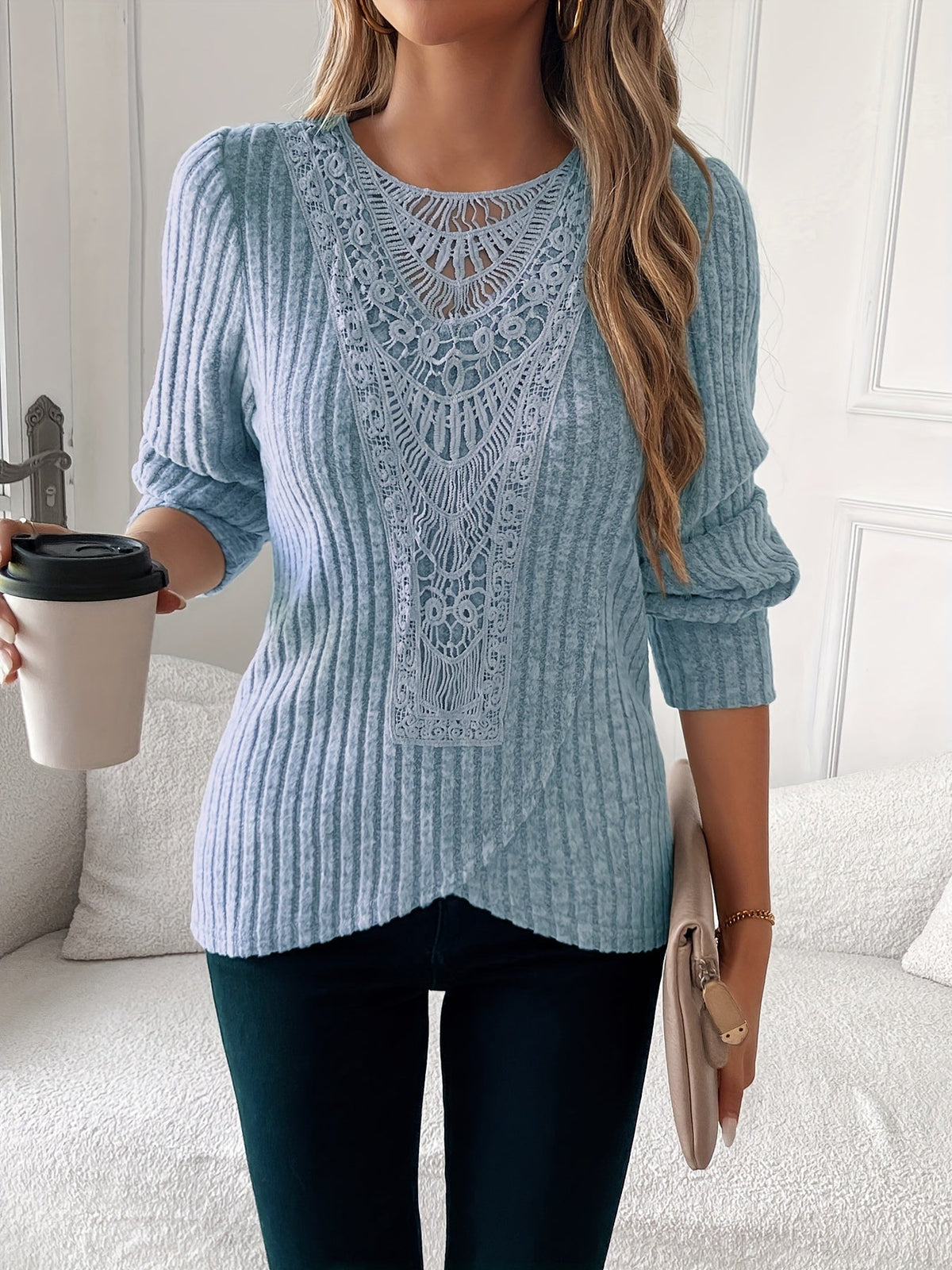 Lace Trim Long Sleeve T-Shirt Women Round Neck Elegant Casual Tops Soft Lightweight Blouse Pink Grey Blue S-XXL US Warehouse