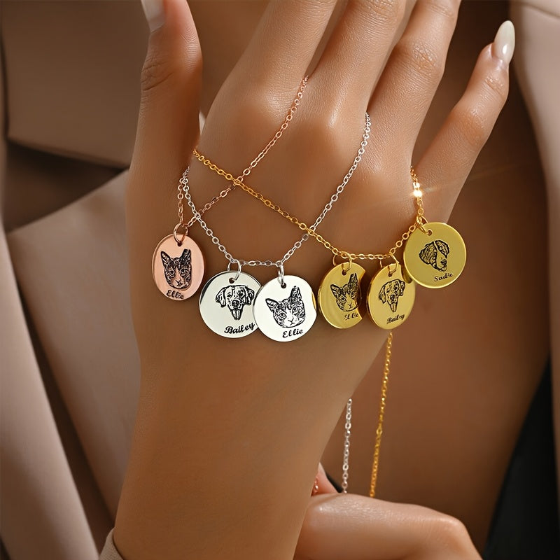 Personalized Pet Photo & Name Necklace - Custom Engraved Stainless Steel Circle Pendant for Pet Lovers, Handmade Dog Cat Memorial Jewelry Gift for Birthday Christmas, Gold & Rose Gold