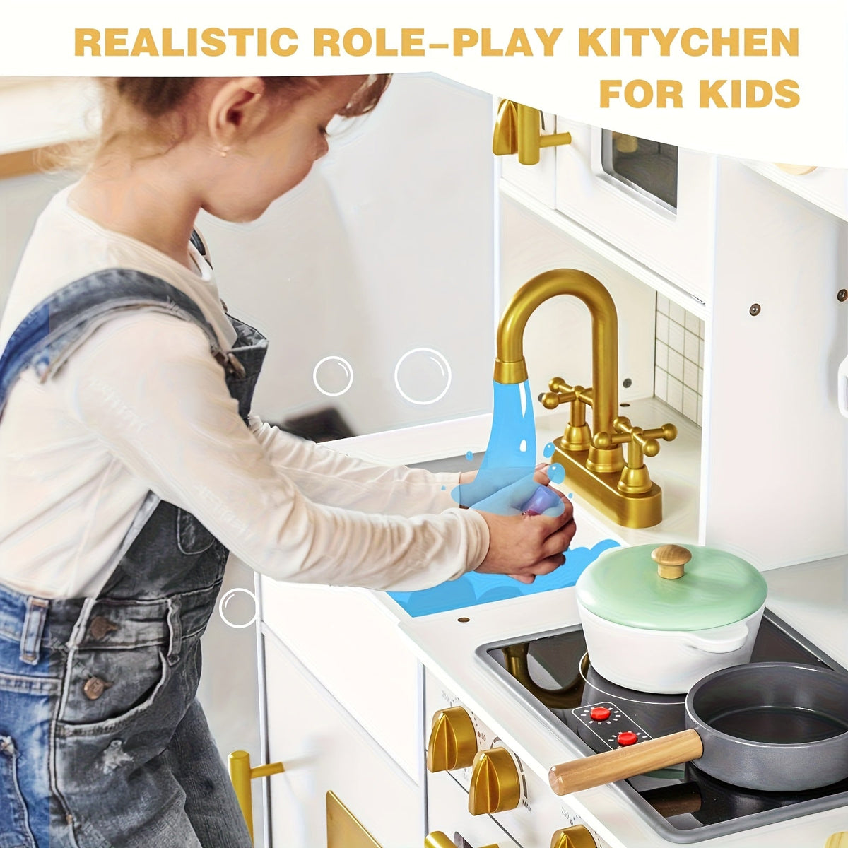 Kids Wooden Play Kitchen Set with Cookware & Accessories – Realistic Pretend Kitchen Playset with LED Stove Lights, Sounds, Microwave, Sink & 37.5" Spacious Design for Boys & Girls Ages 3-8