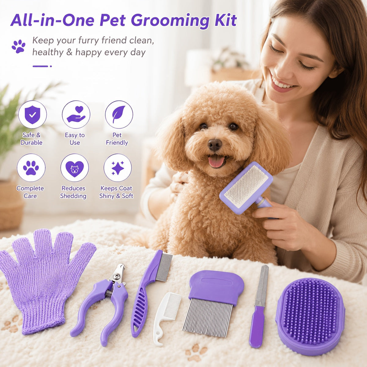 8-Piece Pet Grooming Comb Set for Dogs, Cats & Small Animals - Complete Long & Short Hair Care Kit, Multi-Function Grooming Combs for All Coat Types, Home Grooming Essential (Purple)