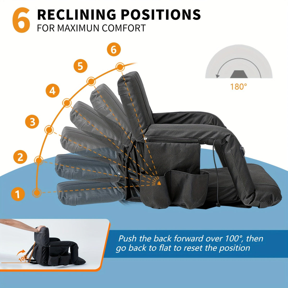 LILYPELLE Double Heated Stadium Seat with Back & Arm Support – Portable Bleacher Seat with 6 Reclining Positions, USB Heated Cushion for Sports Events, Outdoor Games, Travel & Hiking (Power Bank Not Included)