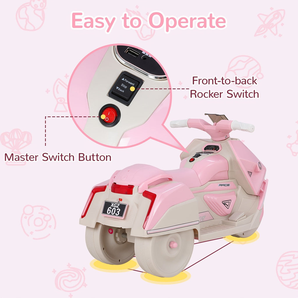 6V Kids Electric Motorcycle Battery Powered Ride On Toy with Interstellar Lights 3 Wheels Safe Stable for Boys and Girls Birthday Christmas Halloween Gift Pink Blue Green