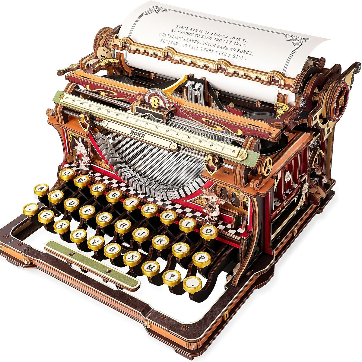 ROBOTIME 3D Wooden Mechanical Typewriter Model Kit - Vintage Retro Assembly Puzzle for Adults & Teens 14+, DIY Wood Craft Desktop Decor | Unique Gift Idea for Home Office | Black Gold & Fairy Tale Edition
