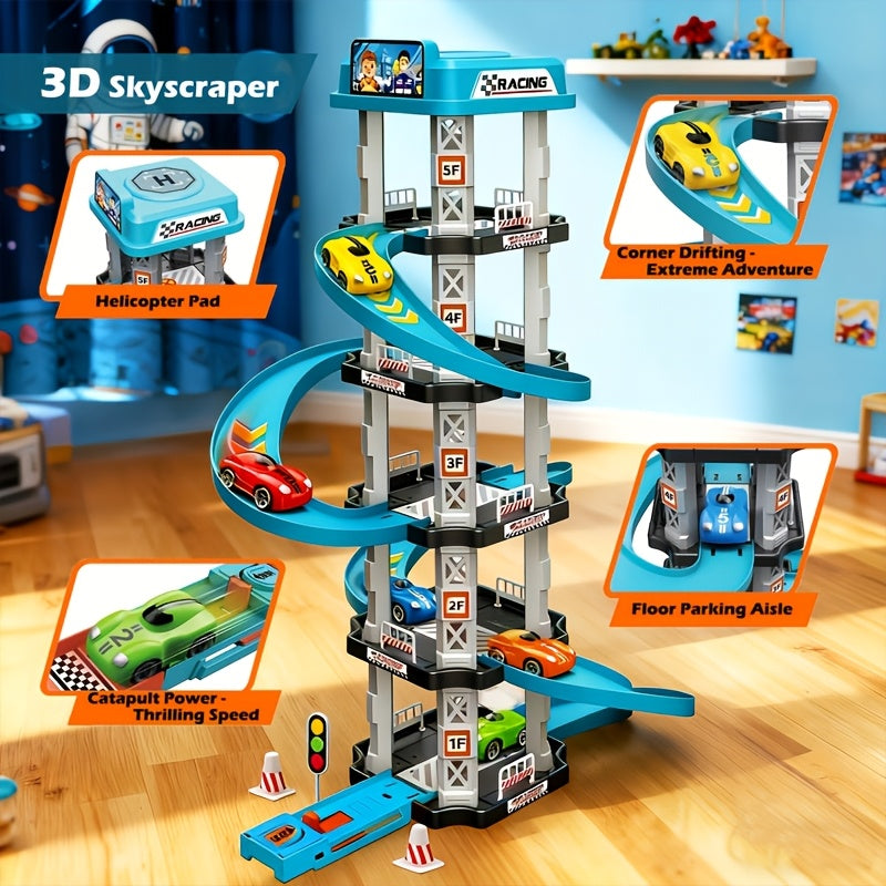 62pcs 5-Story Parking Garage 3D Multi-Layer Racing Track Set with 2 Cars Ejection Launchers Drift Tracks Helipad Gas Station Assembly STEM Toy for Kids Boys Birthday New Year Gift