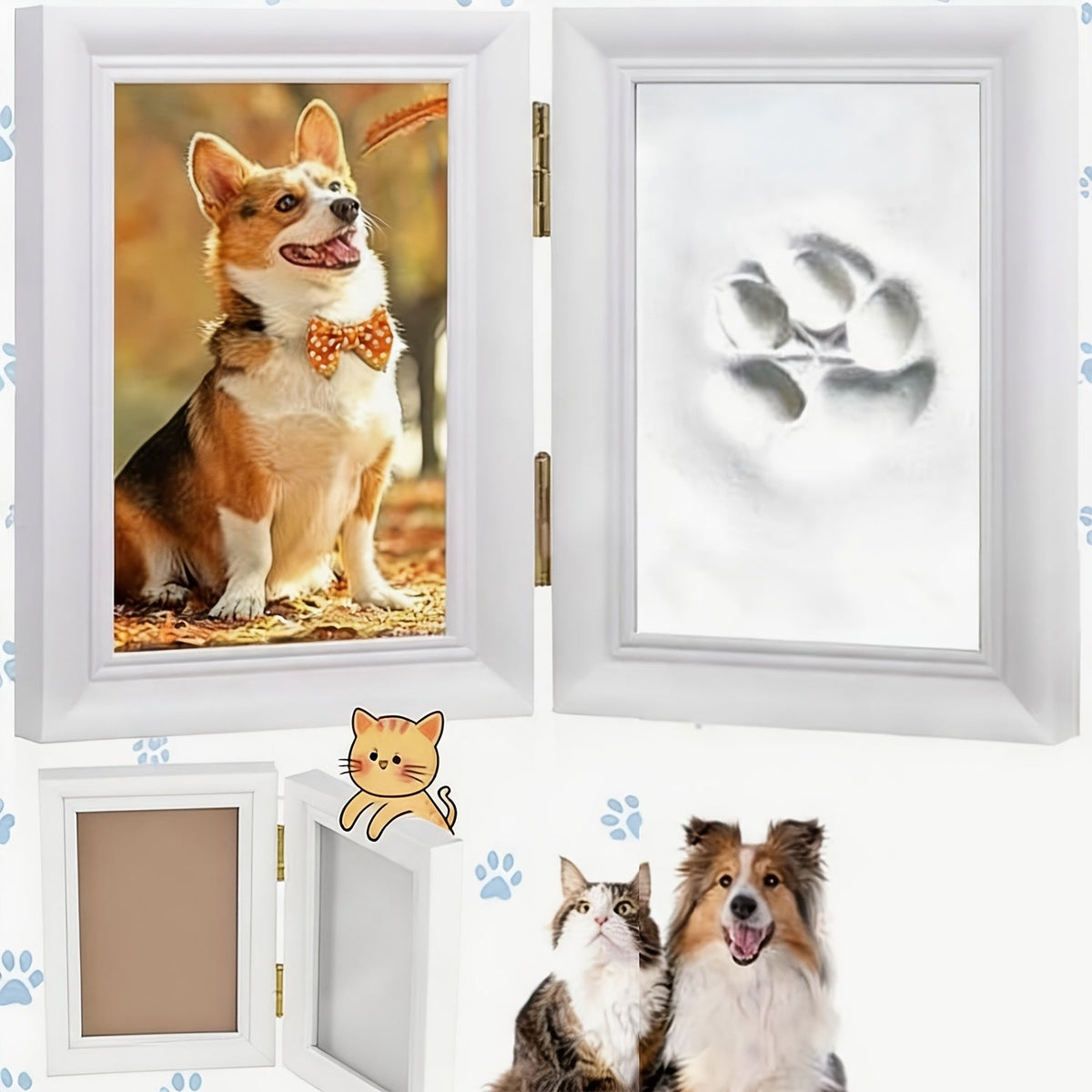 Pet Paw Print Photo Frame with Clay Impression Kit - Foldable Desktop Memorial Frame for Dogs & Cats, Personalized Pet Keepsake Gift for First Anniversary & Pet Loss Tribute (White/Black/Wood)
