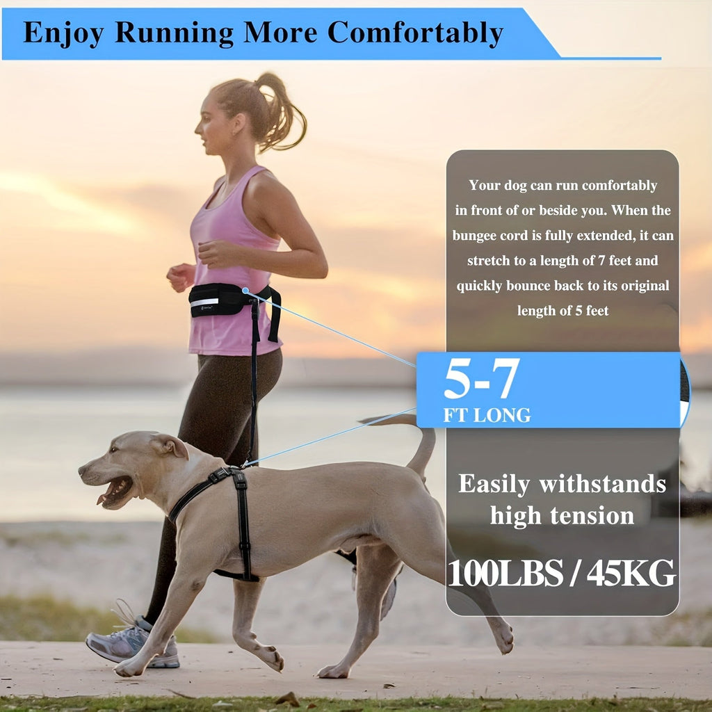 Hands-Free Dog Leash with Zipper Pouch & Dual Padded Handles – Shock-Absorbing Bungee Traction Rope for Walking, Jogging & Running Training, Waist Dog Lead for Active Pet Owners