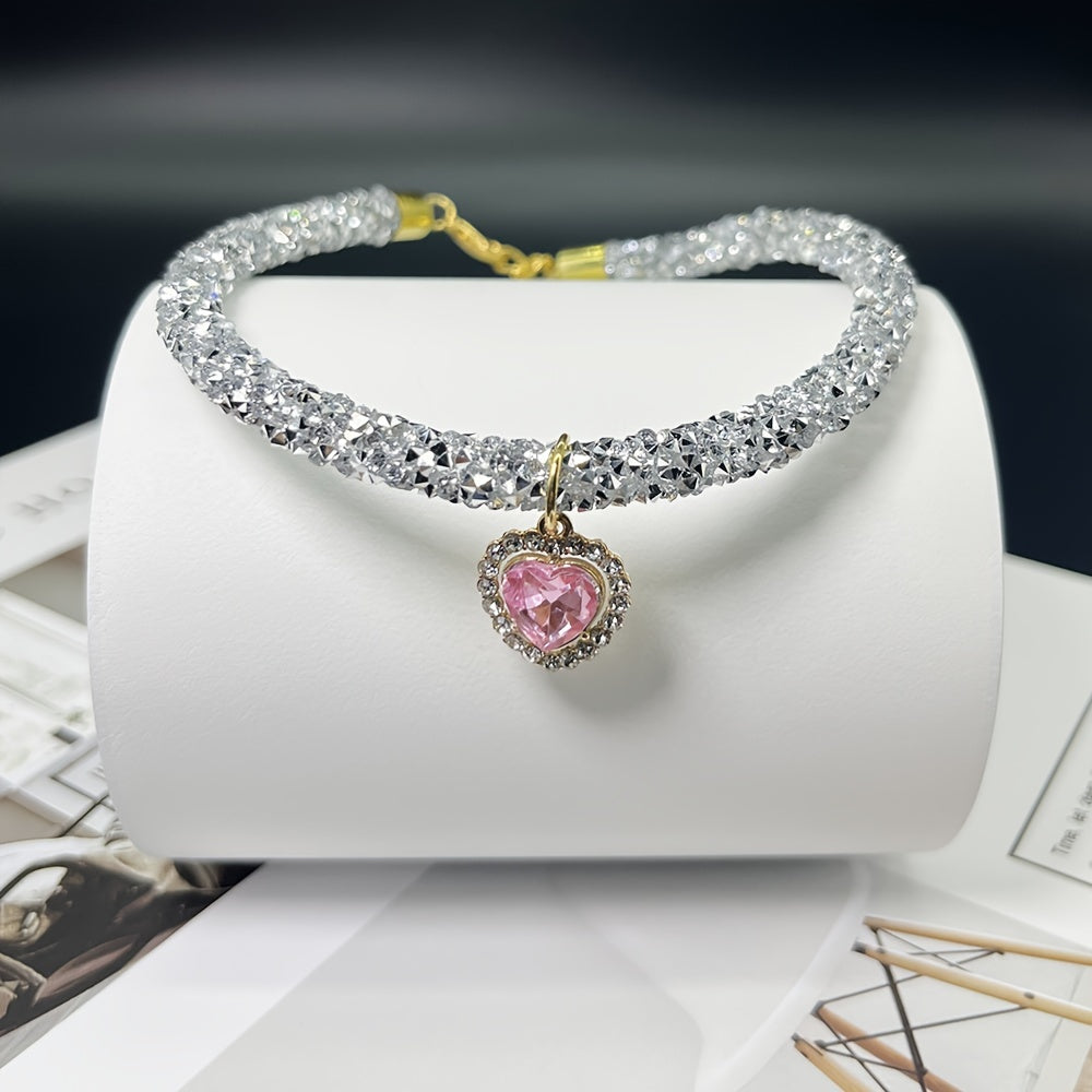 Cat Collar Necklace with Rhinestone Heart Pendant - Cute Bling Pet Collar for Cats & Small Dogs, Adjustable Breakaway Safety Collar, Fashion Pet Jewelry Accessory