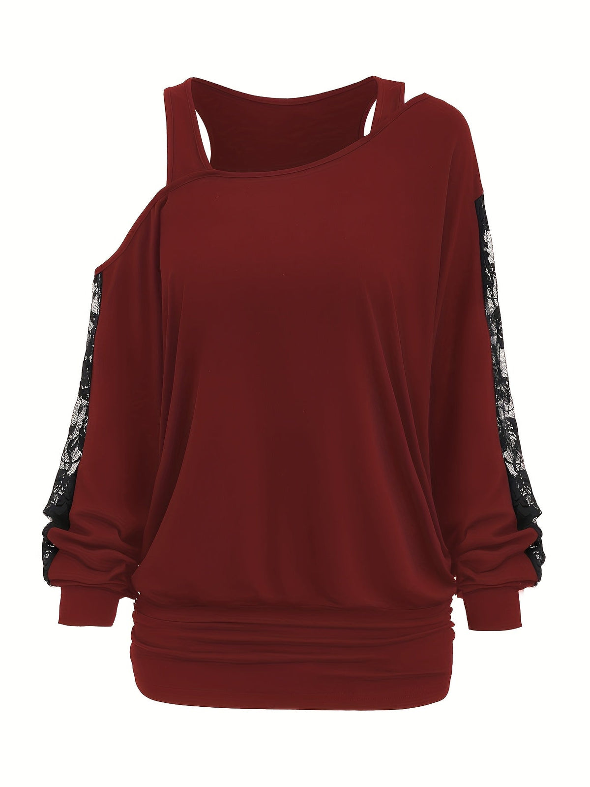 Lace Splicing Long Sleeve Top Women Casual Loose Knit Shirt Fall Winter Contrast Lace Panel Blouse Black Deep Red Olive Green Dark Gray S M L XL XXL