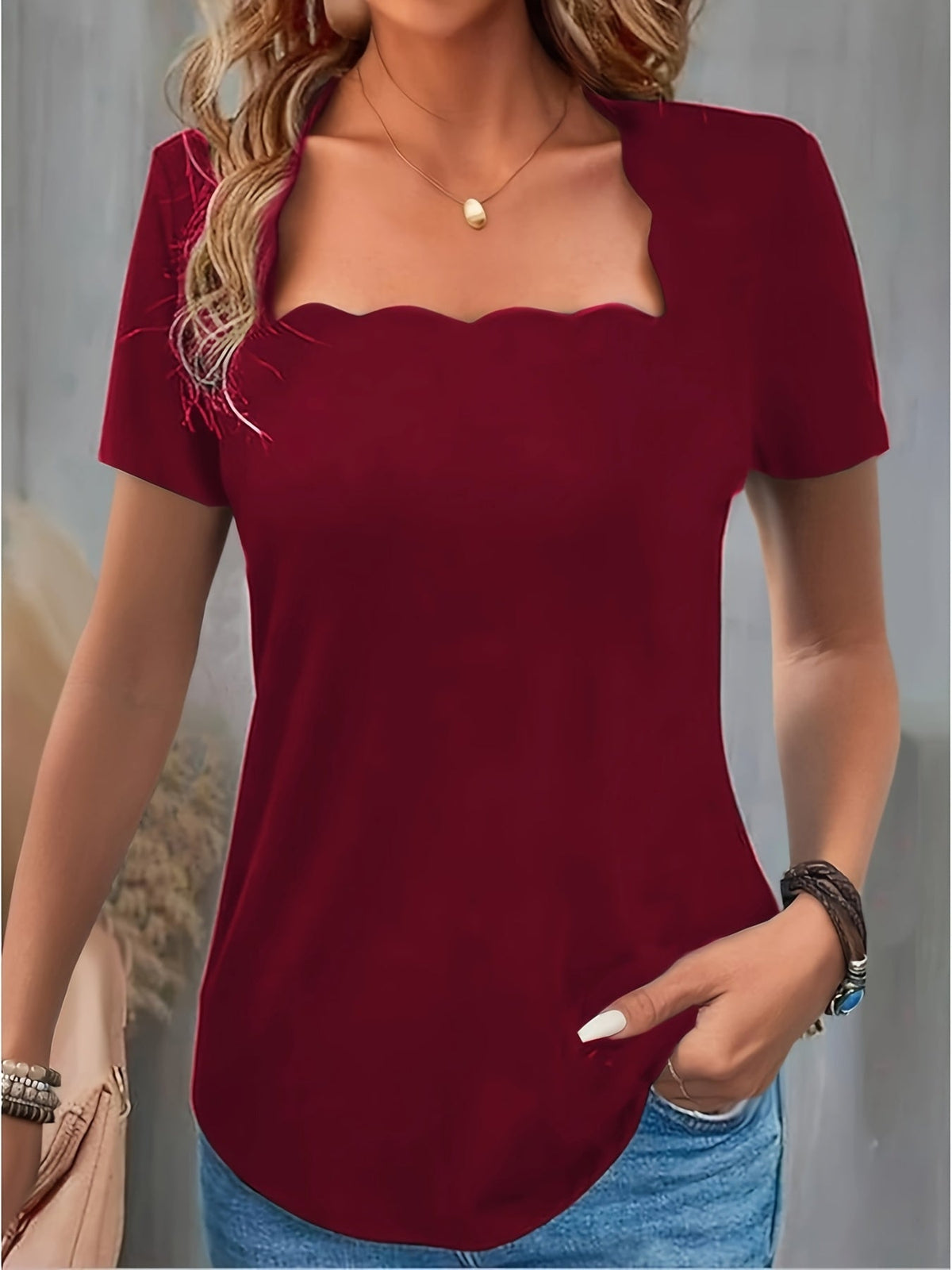 Women's Square Neck T-Shirt - Solid Color Short Sleeve Formal Basic Top | 100% Polyester Slim Fit Summer Daily Fashion Ladies Tee