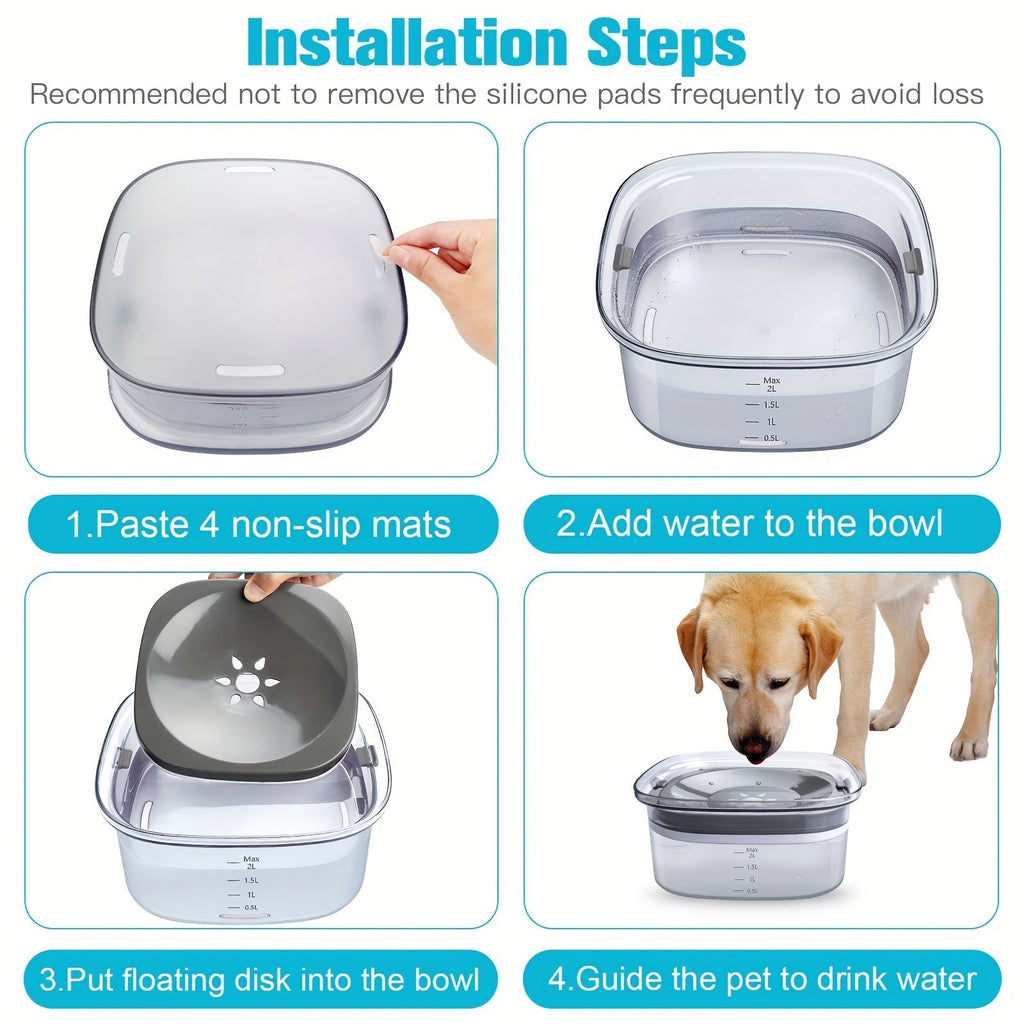 Dog Water Bowl 2L No-Spill Large Capacity – Slow Water Feeder with Transparent Design & Anti-Spill Floating Disk, Spill-Proof Pet Water Dispenser for Dogs and Cats, Easy to Clean Travel Bowl