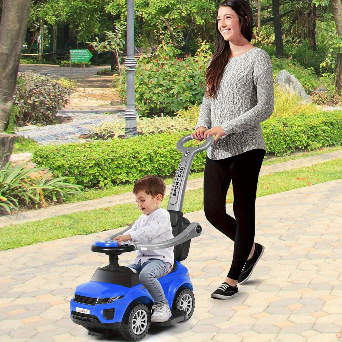COSTWAY 3-in-1 Kids Ride-On Push Car Stroller Sliding Walking Car with Under-Seat Storage Parental Handle & Armrest Guardrails – Push Car for Boys & Girls Blue