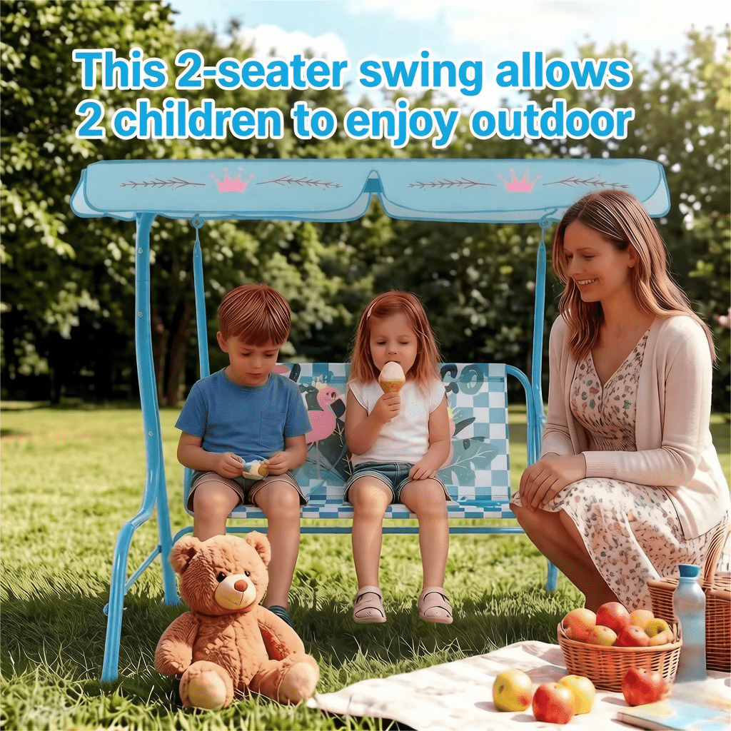 2-Seater Kids Outdoor Patio Swing Chair with Adjustable Sun Canopy Safety Belts Metal Stand Porch Swing Bench for Backyard Garden Balcony Ages 3+ 180 lbs Capacity