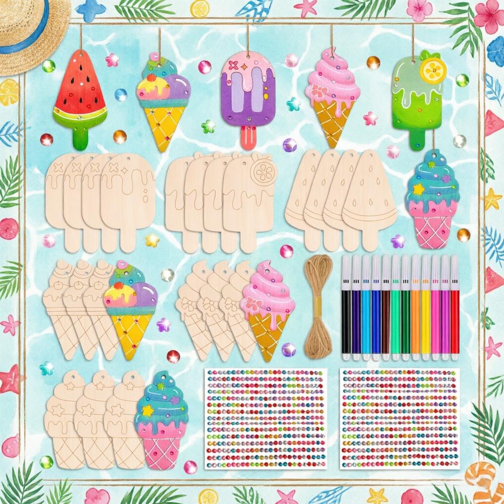 39 Pcs Ice Cream Wood Crafts Kit for Kids 24 Unfinished Wood Shapes 12 Markers 2 Gem Stickers Twine DIY Painting Art Set Birthday Party Favors School Sleepover Craft Supplies Ages 3 and Up