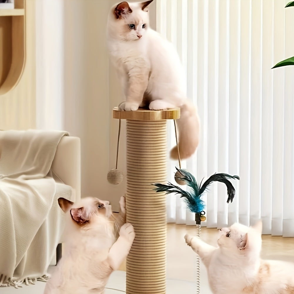4-in-1 Cat Scratching Post with Sisal, Feather Toy, Dual-Layer Ball Track & 6 Wooden Toy Balls – Anti-Tip Solid Wood Activity Center for Indoor Cats, Kittens & Multi-Cat Households