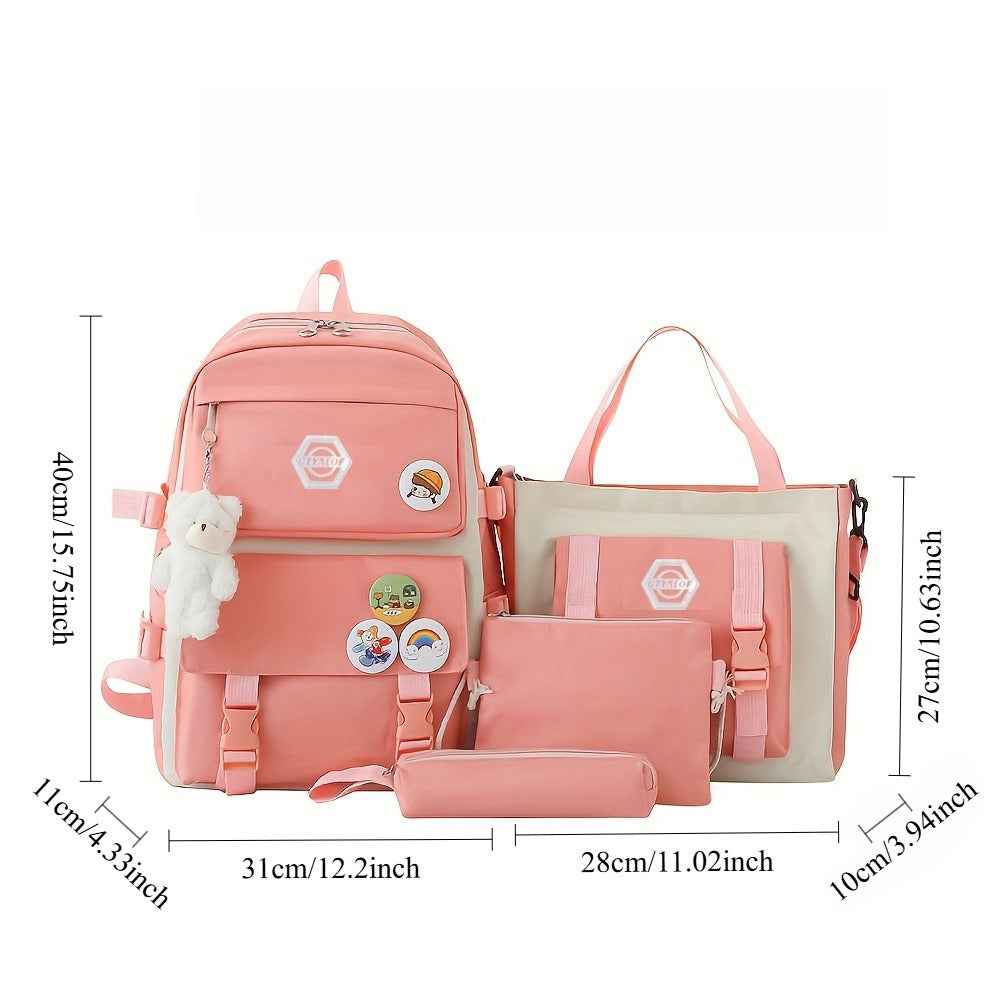 5-Piece Girls School Backpack Set Cute Lightweight Daypack with Tote Bag, Pencil Case & Coin Purse - Durable Student Backpack for School, Hiking & Casual Use
