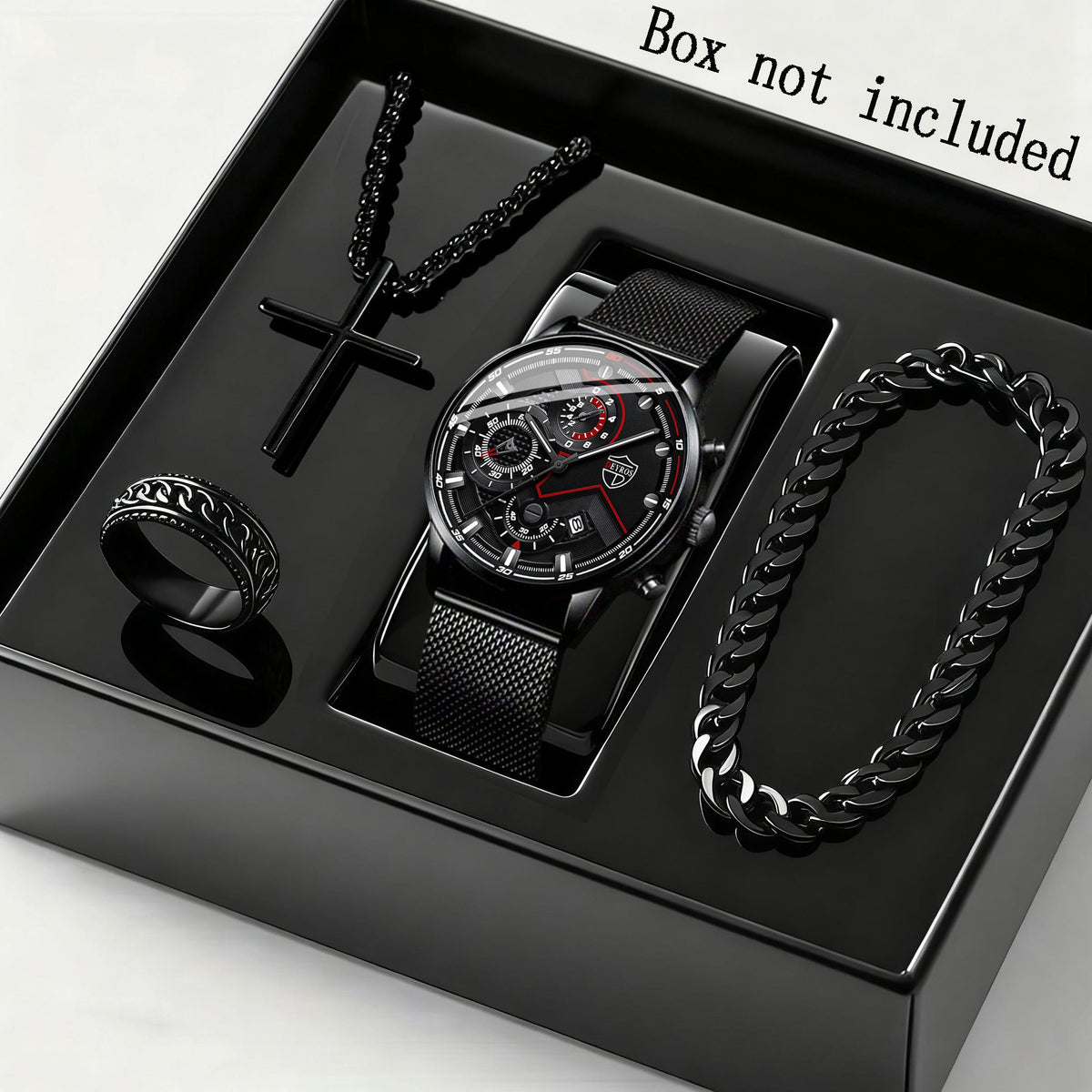 4pcs Men's Stainless Steel Watch & Jewelry Gift Set – Quartz Analog Date Watch with Cross Necklace & Bracelet, Coordinated Metallic Look for Business Casual, Valentine's Day, Mardi Gras & Special Events