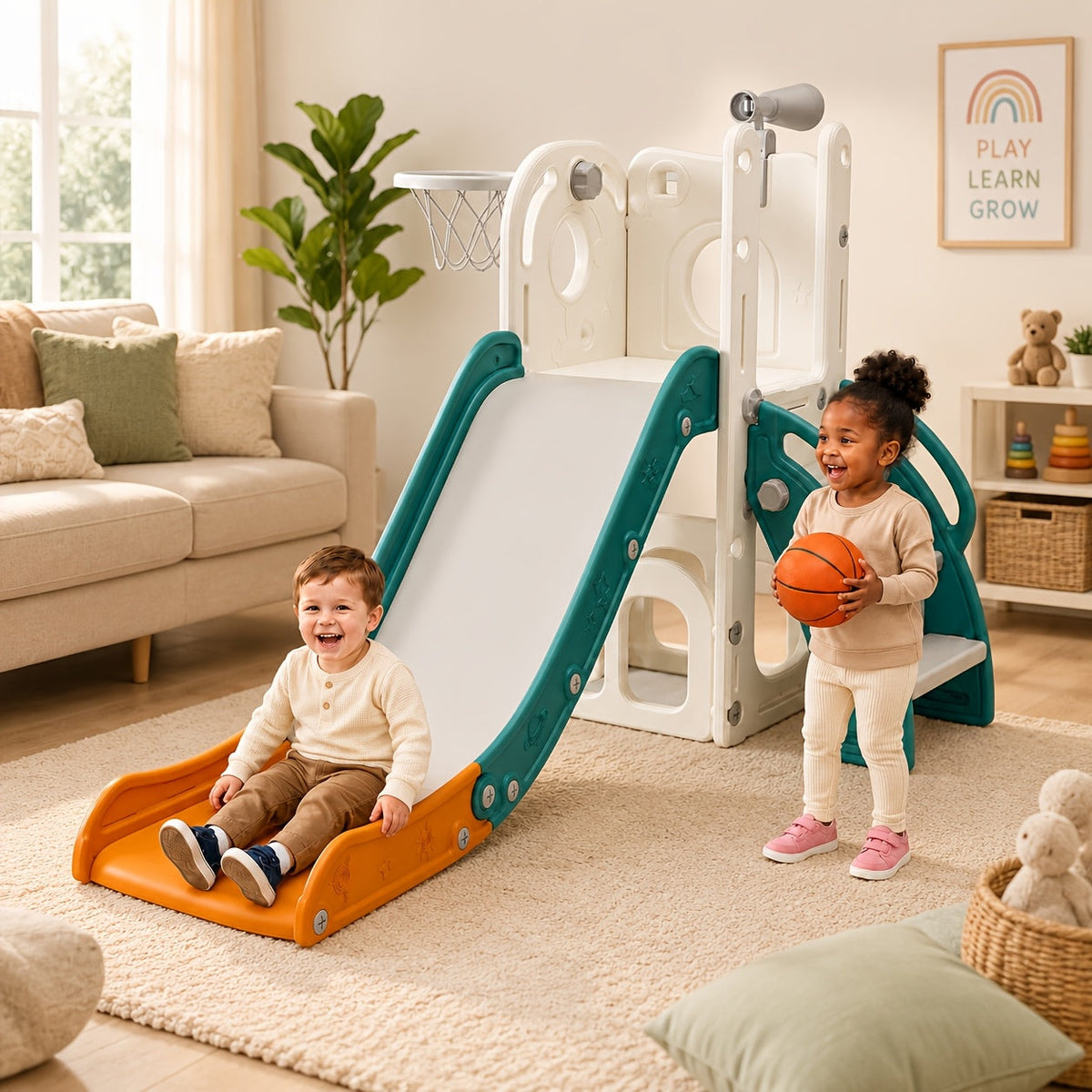 Toddler Slide & Kids Climber Playset - L-Shaped Indoor Outdoor Playground with Basketball Hoop, Storage & Telescope | Easy Assembly Gift for Boys and Girls Ages 1-6