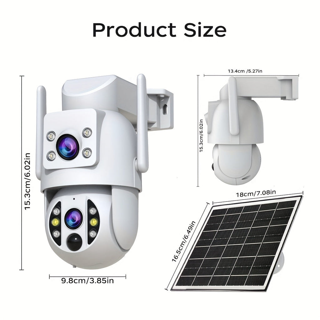 Solar Security Camera Outdoor 360 Degree PTZ 1296P HD Dual Lens Color Night Vision Two-Way Audio Motion Detection WiFi SD Storage Rechargeable Battery Wall Mount