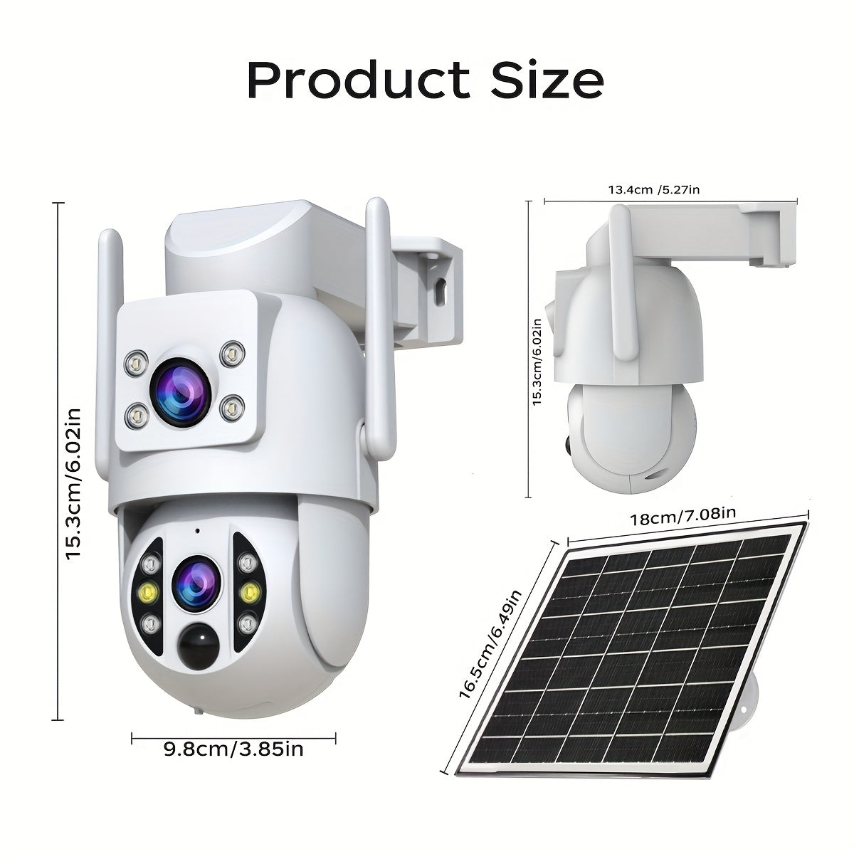 Solar Security Camera Outdoor 360 Degree PTZ 1296P HD Dual Lens Color Night Vision Two-Way Audio Motion Detection WiFi SD Storage Rechargeable Battery Wall Mount