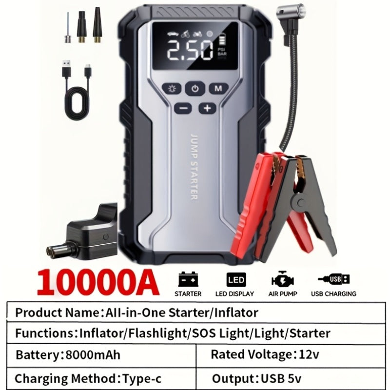 Portable Car Jump Starter Kit Multi-Function 12V Battery Booster with LED Flashlight SOS Rescue Light Air Pump for Cars Trucks Emergency Power Accessory