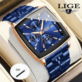 LIGE Men's Square Analog Quartz Watch – Stainless Steel Strap Calendar Display, Preppy Sport Fashion Wristwatch for Men Teens, 8 Color Options, Birthday Graduation Gift Blue Black Gold