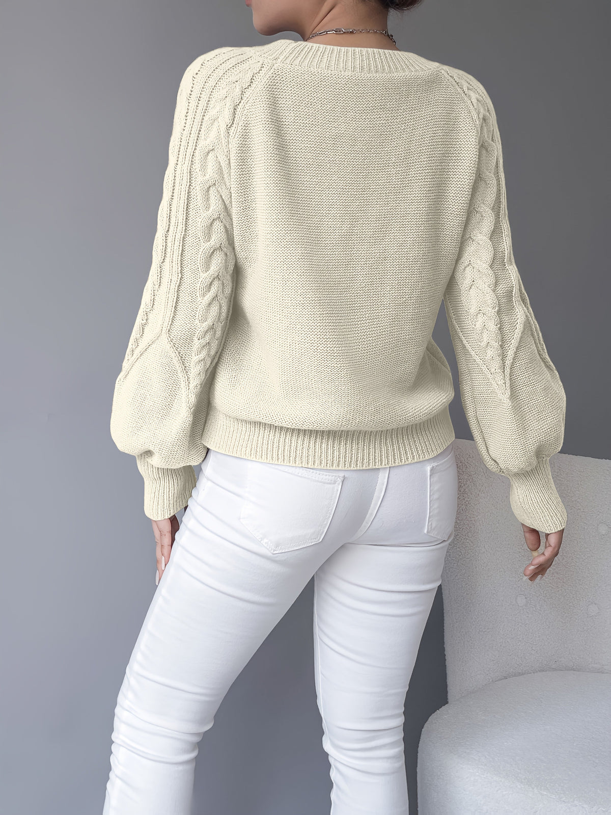 Women's Chunky Lantern Sleeve Sweater Crew Neck Textured Knit Pullover Cozy Fall Winter Sweater Khaki Apricot Black S-XXL