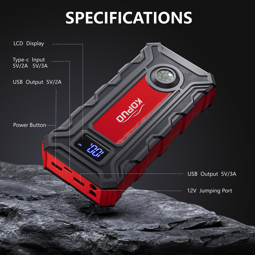 5000A/6000A Portable Car Jump Starter – 12V Battery Booster Pack for Gas & Diesel Vehicles, 65W Fast Charge Power Bank, LED Flashlight & LCD Display, Compact Emergency Jump Box