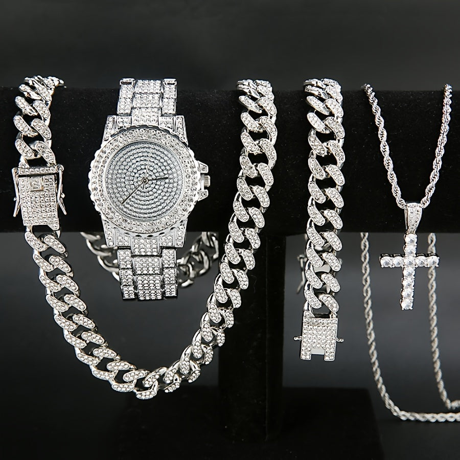 4-Piece Men's Punk Jewelry Set Quartz Watch Cuban Chain Necklace Bracelet and Cross Necklace with Rhinestone Details Hip Hop Style Gift for Men