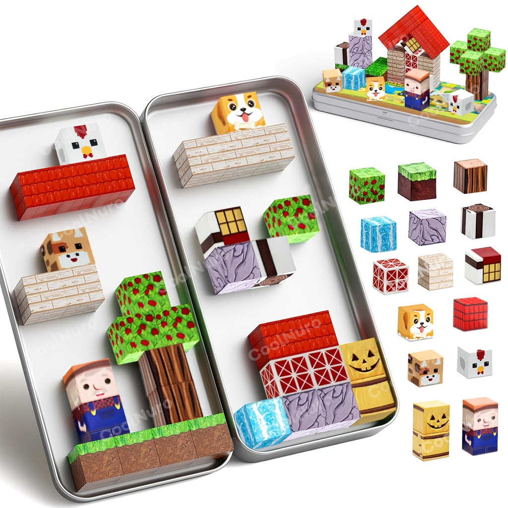 35pcs Magnetic Cubes Set with Iron Box – Farm Theme 3D Puzzle Building Blocks, Kids Learning & Imagination Toy, STEM Creative Construction Gift for Boys & Girls Ages 3+ (Random Color)