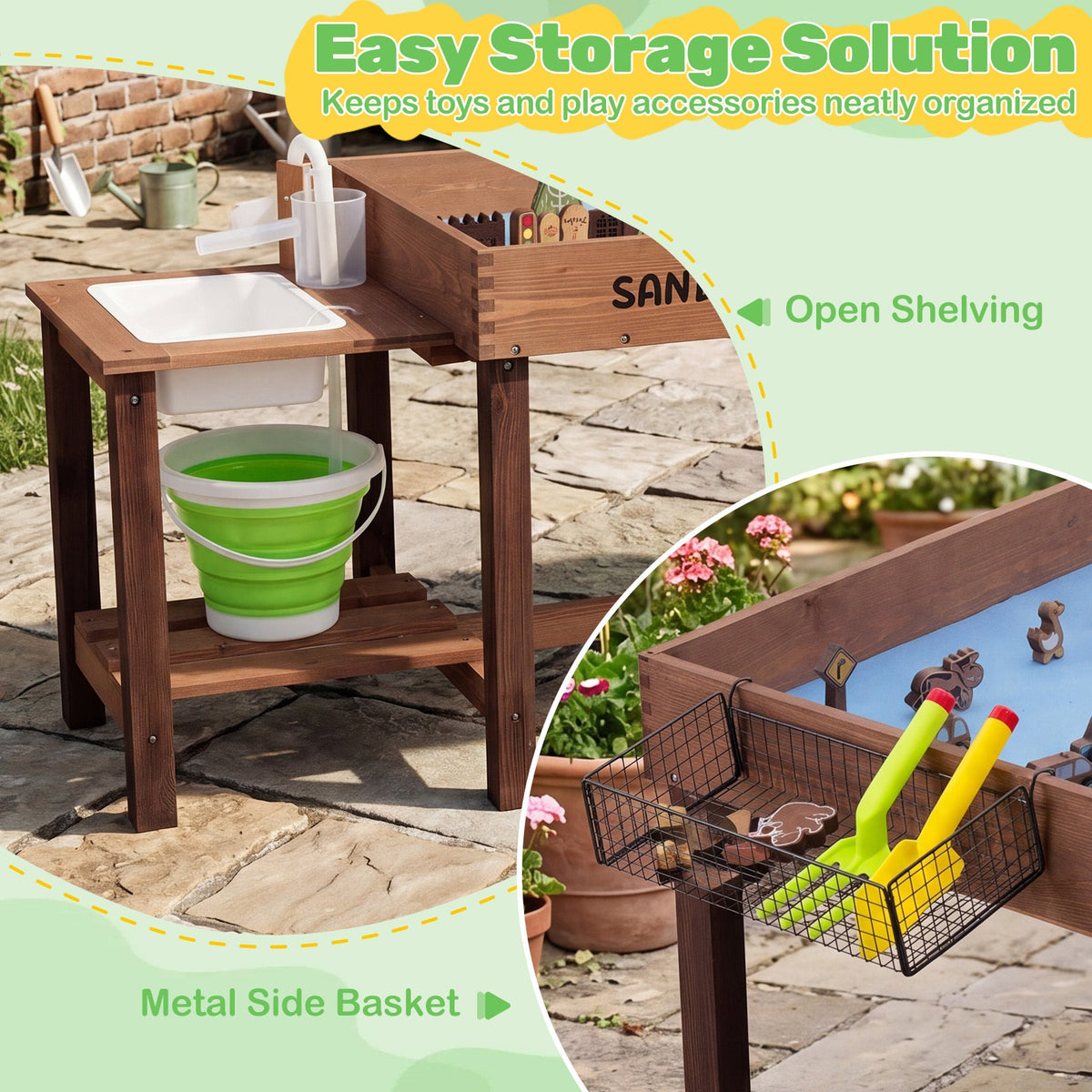 Kids Wood Sensory Sand and Water Activity Table with Sink Water Pump 33 Sand Toys Rake Shovel Indoor Outdoor Sandcastle Building Toddler Learning Sensory Play Gift for Boys Girls Ages 3 Plus