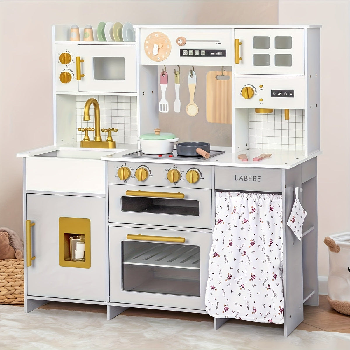 Kids Wooden Play Kitchen Set with Cookware & Accessories – Realistic Pretend Kitchen Playset with LED Stove Lights, Sounds, Microwave, Sink & 37.5" Spacious Design for Boys & Girls Ages 3-8